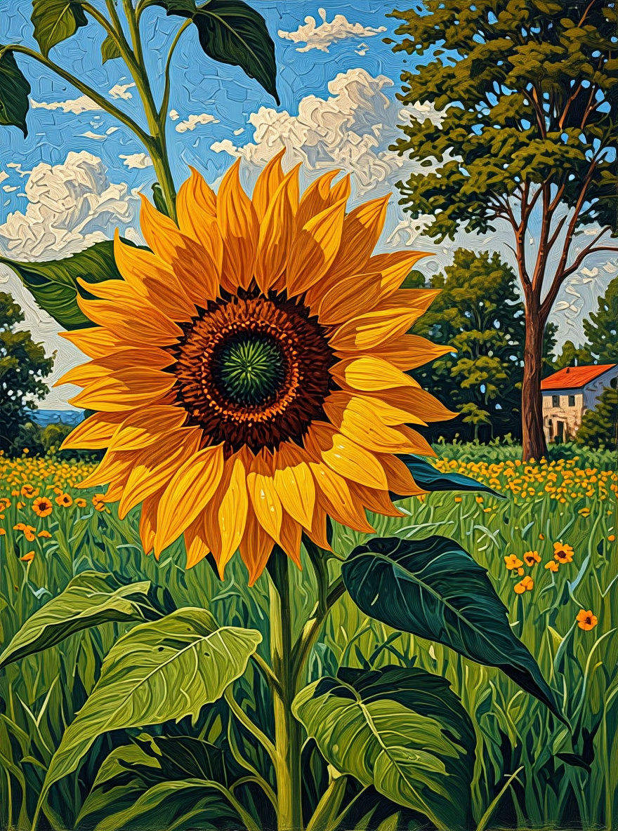 Vibrant Neo-Impressionist Sunflower Oil Painting