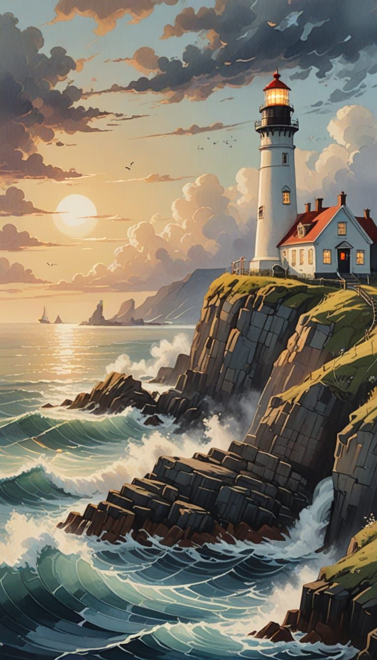 Whimsical Woolly Sock Lighthouse on a Misty Cliff