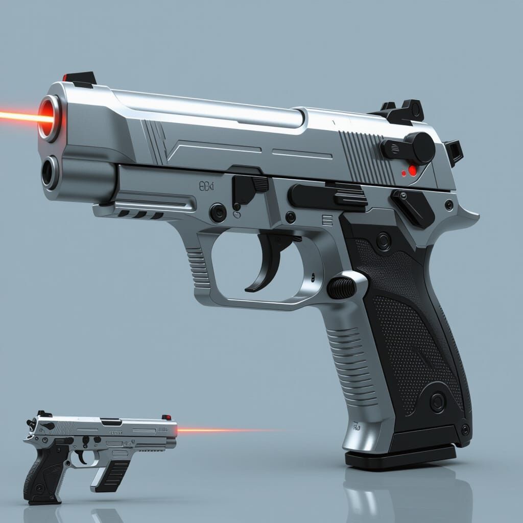 Futuristic Handgun with Laser Sight in Retro-Futurist Style