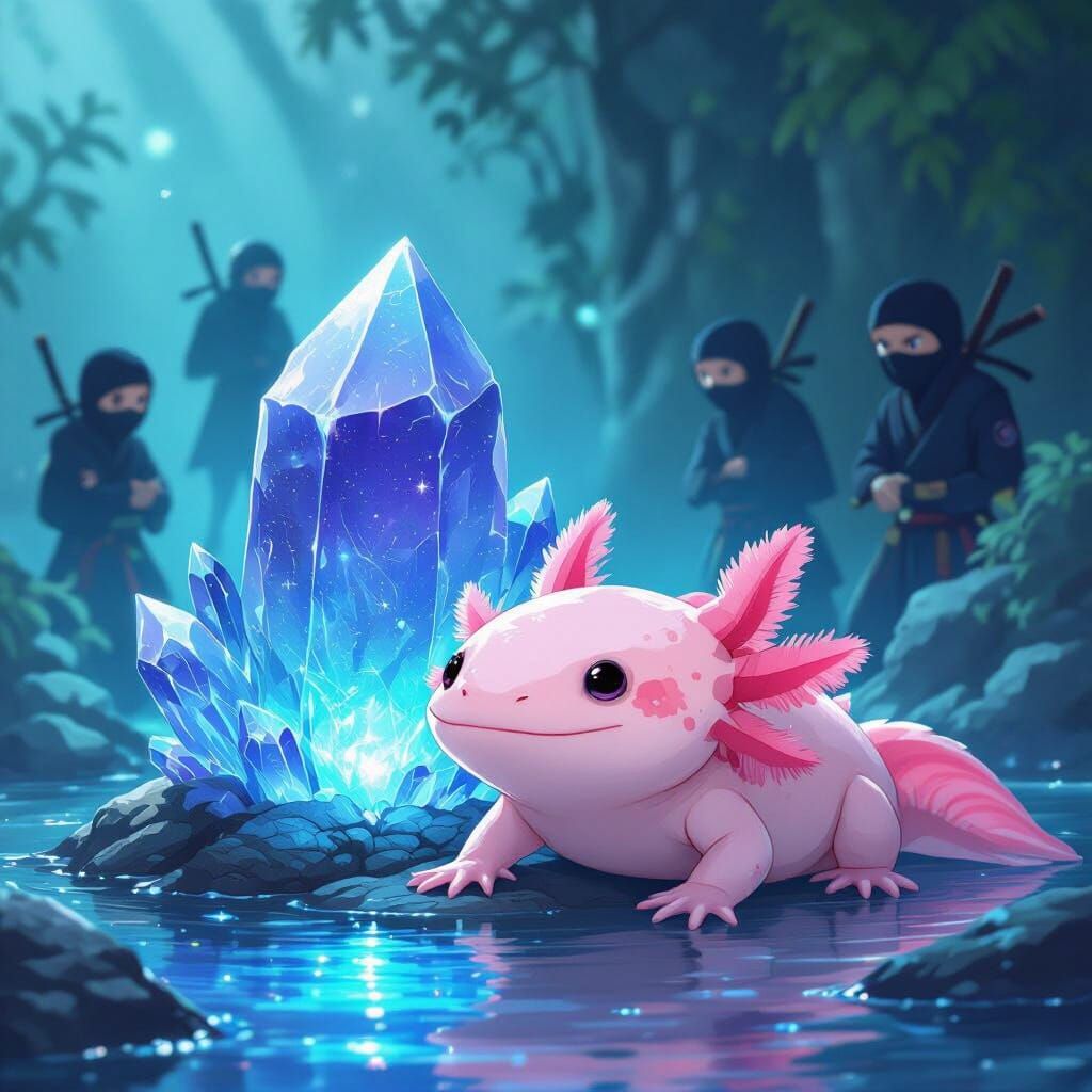 Axolotl Beside Crystal Watched by Ninjas