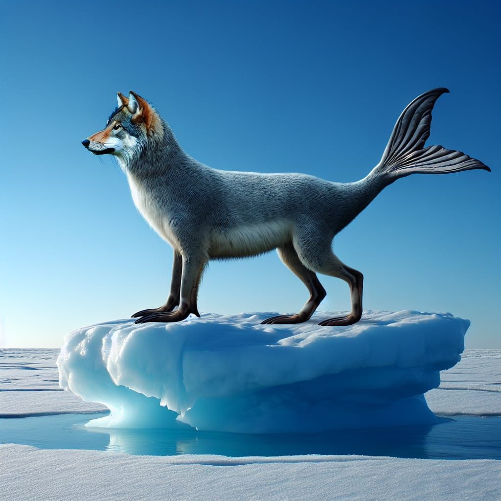 Wolf-Seal Hybrid in Surreal Arctic Scene