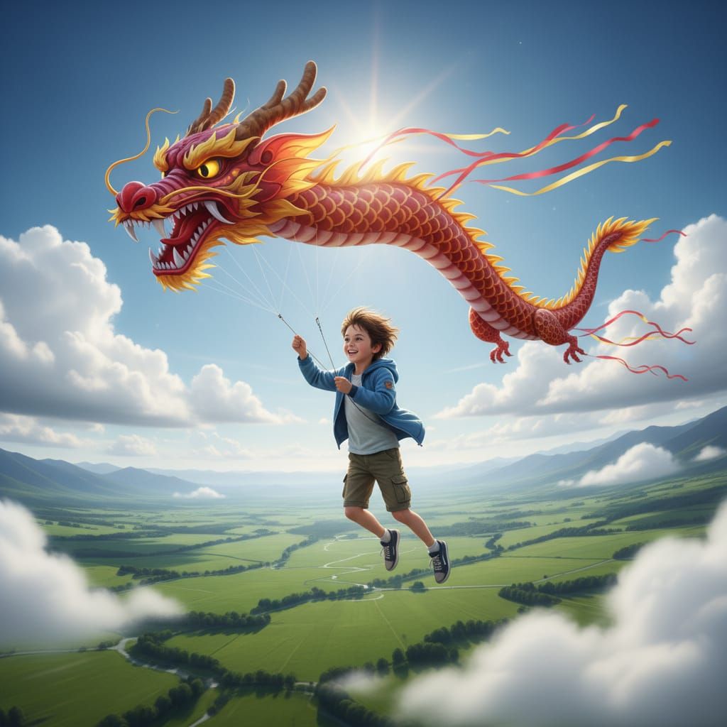 Boy Soaring Through Sky With Dragon Kite