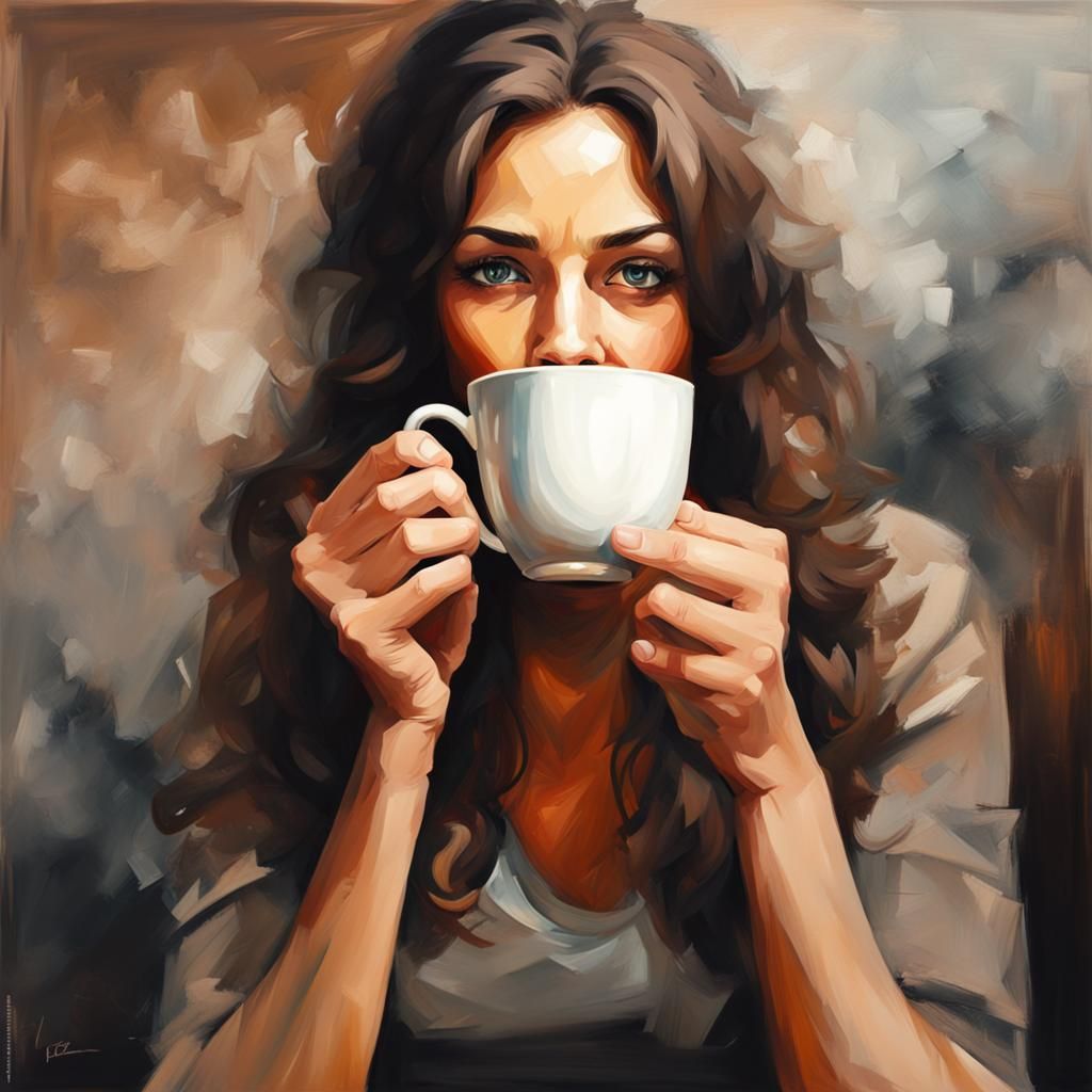 Woman Drinking Coffee as an Oil Painting