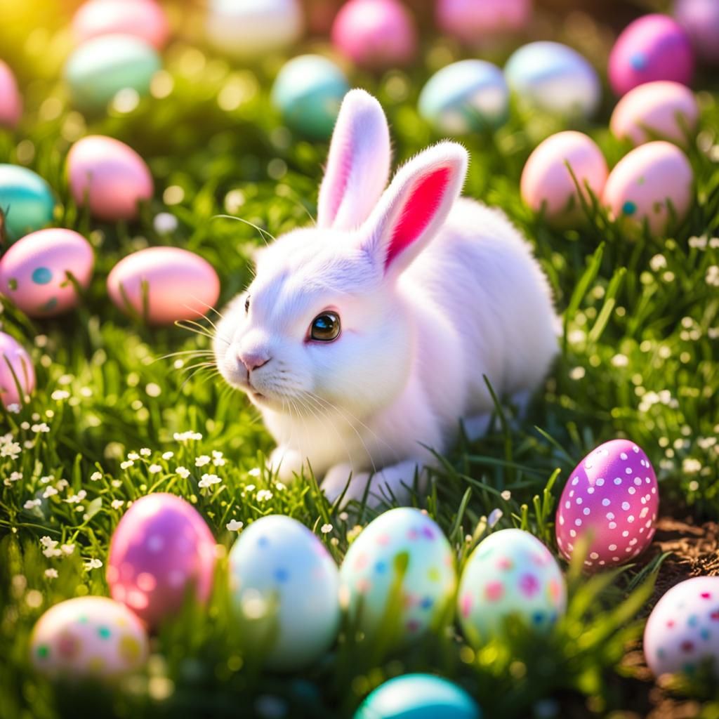 Pink Easter Bunny Hiding Eggs in Flower Garden