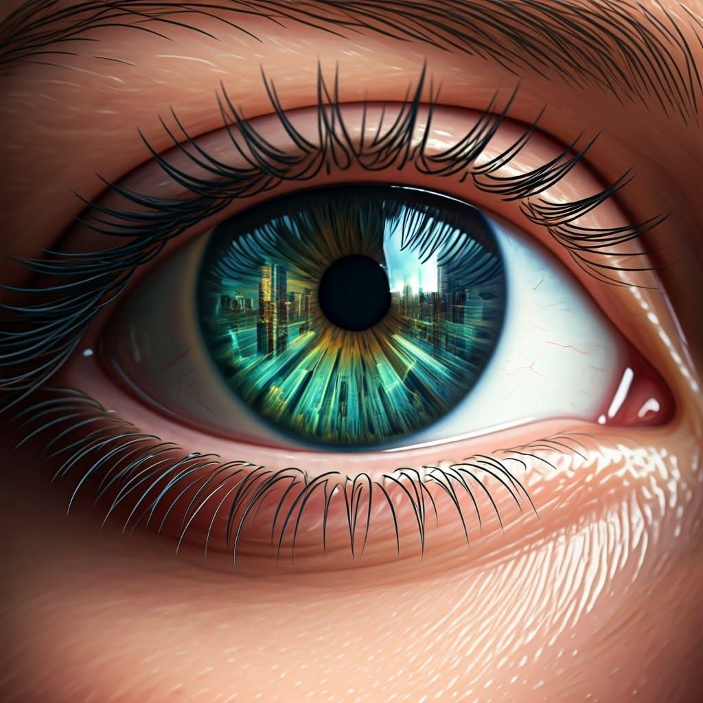 Surreal Cityscapes Dance within Shimmering Green Eyes