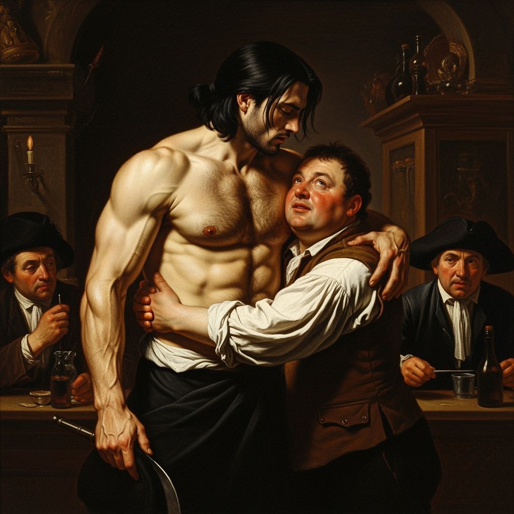 Baroque Oil Painting of Gaston in Tavern Embrace
