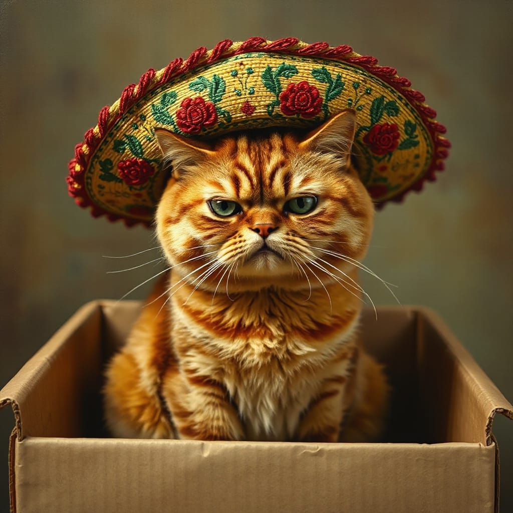 Grumpy Cat in Sombrero, Oil Painting Style