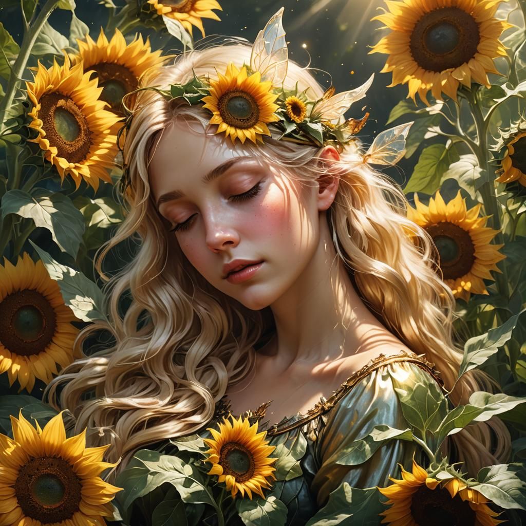 Blonde Fairy Sleeping on Sunflower in Oil Painting Style