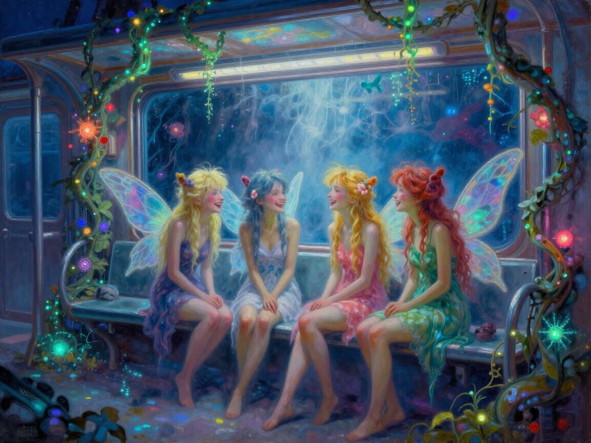 Fairies Laughing in Bioluminescent Oceanpunk Train Station O...