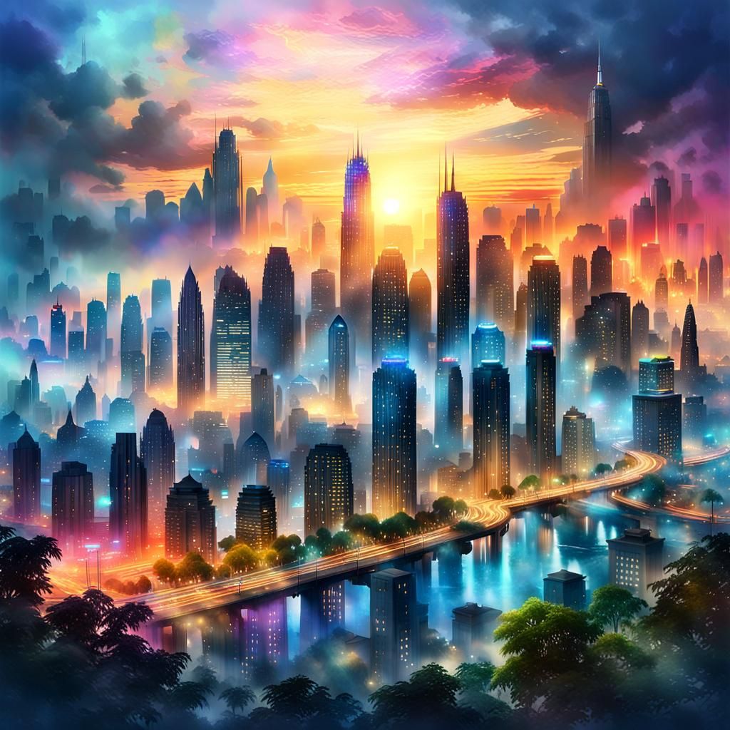 Vibrant Metropolis at Sunset: Ethereal Digital Art