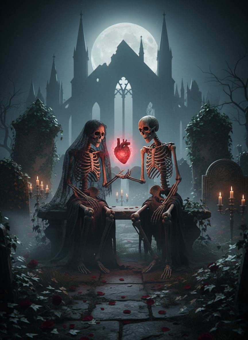 Gothic Skeletons in Graveyard Under Moonlight
