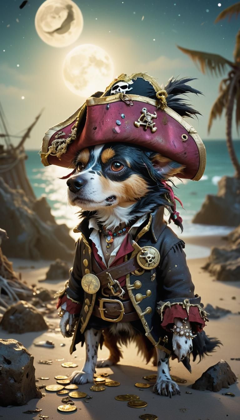 Pirate Dog on Moonlit Beach: Digital Art