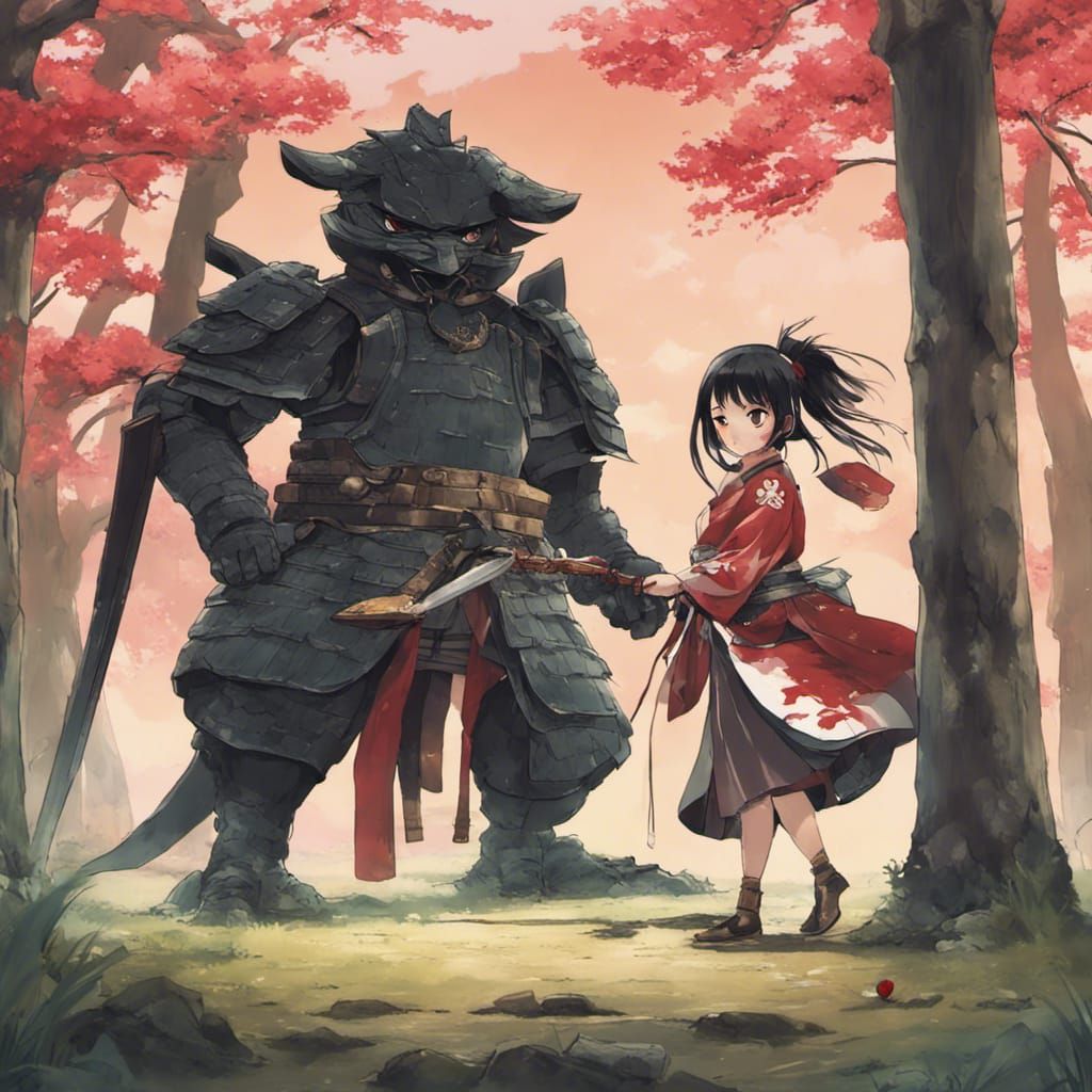 Samurai Girl Encounters Kappa in Anime Style