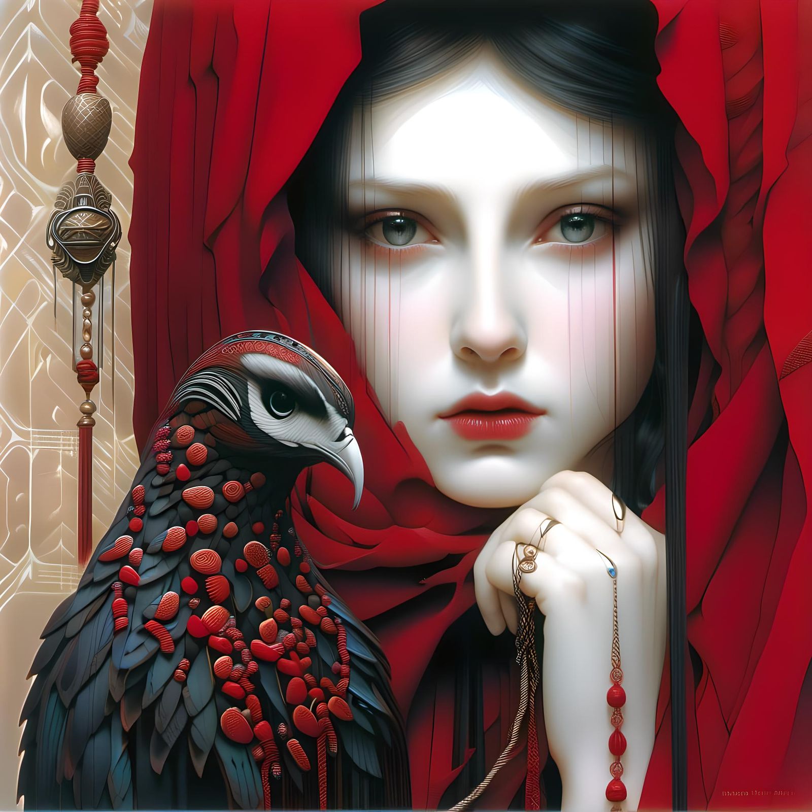 Sorrowful Goddess in Red Threads: Vintage Illustration