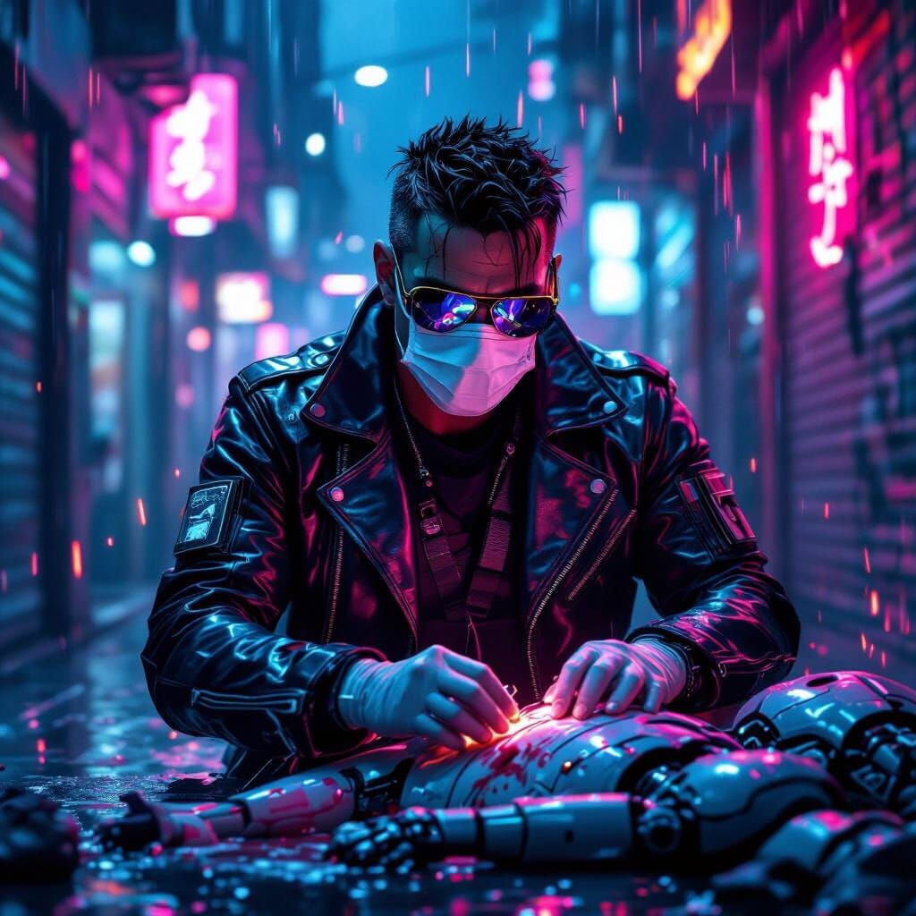 Cyberpunk Medic Tending to Android in Neon Alley