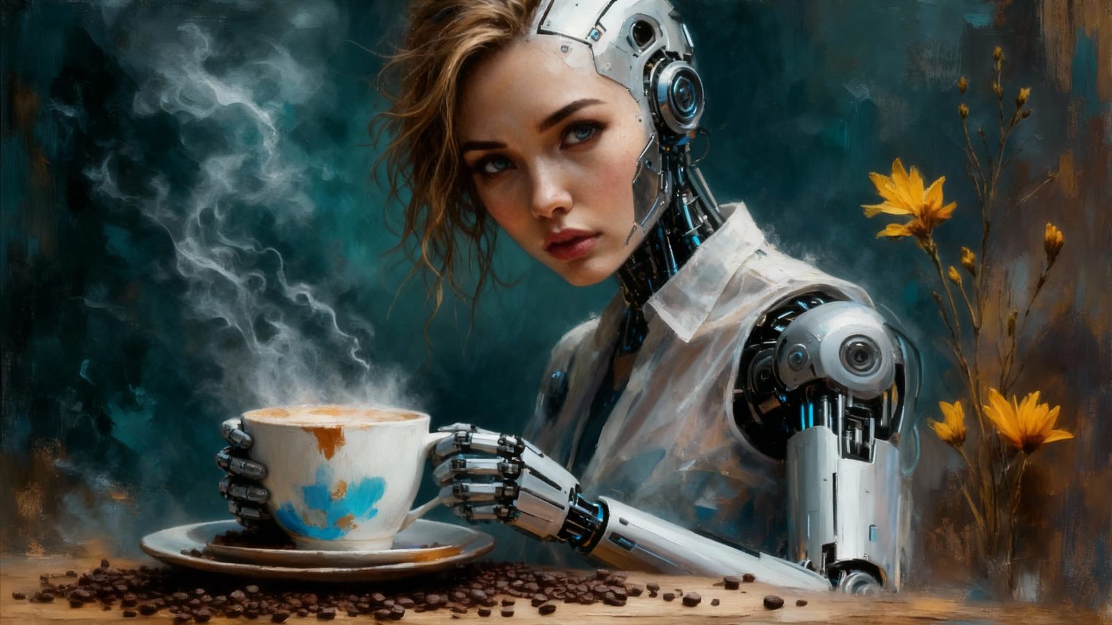 Cyborg Woman Prepares Coffee in Dark Surrealism