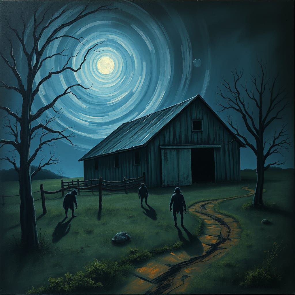 Scary Creature Shadows Near Barn: Surreal Oil Painting