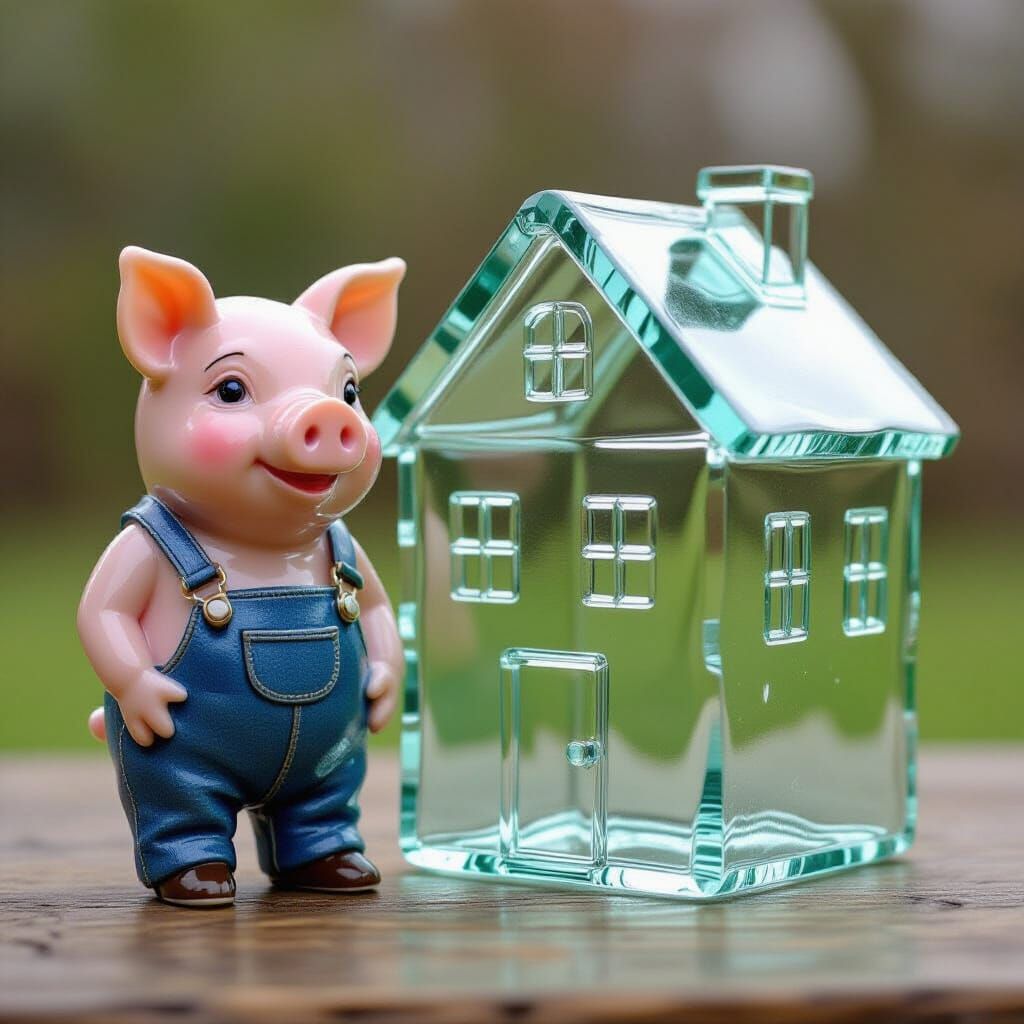 Glass Piggy Stands Beside Transparent House