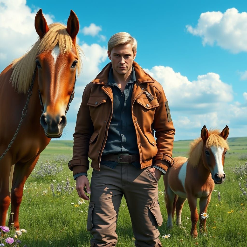 Dashing Man Surrounded by Majestic Horses in Idyllic Country...