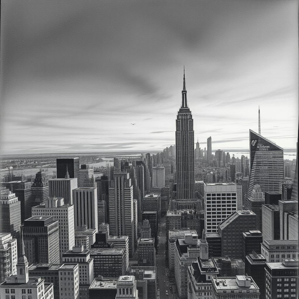 New York City Dusk Skyline in Charcoal Drawing Style