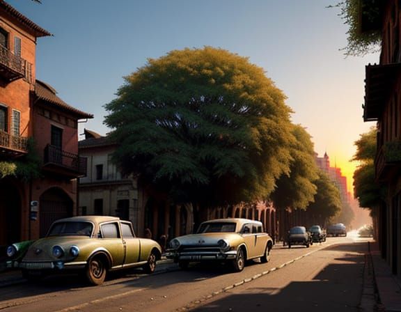 Abandoned City Sunset with Wildlife in Retro Style