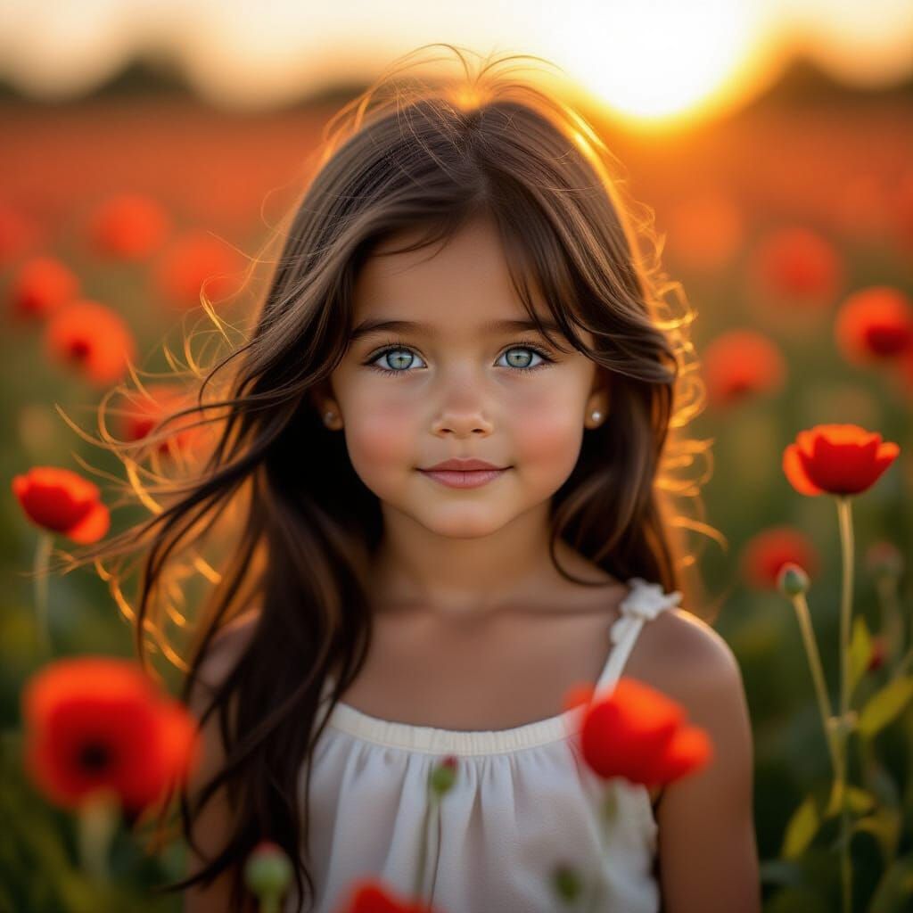 Young Girl in Red Flower Field with Blue Eyes
