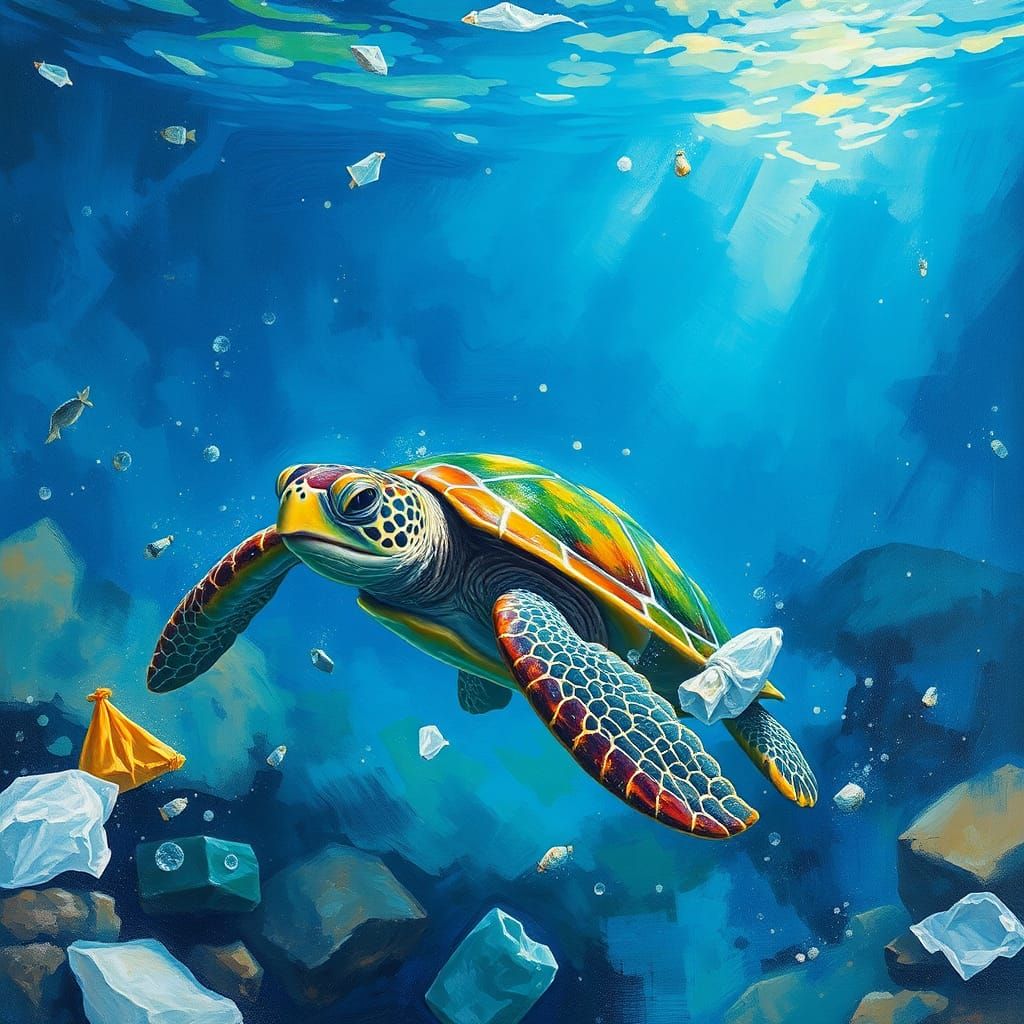 Turtle's Struggle in Polluted Ocean: Gouache and Watercolor