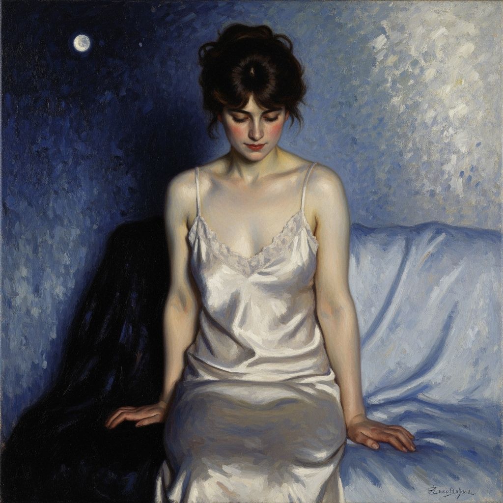 Brunette in Silk Slip Under Moonlight, Impressionistic Paint...