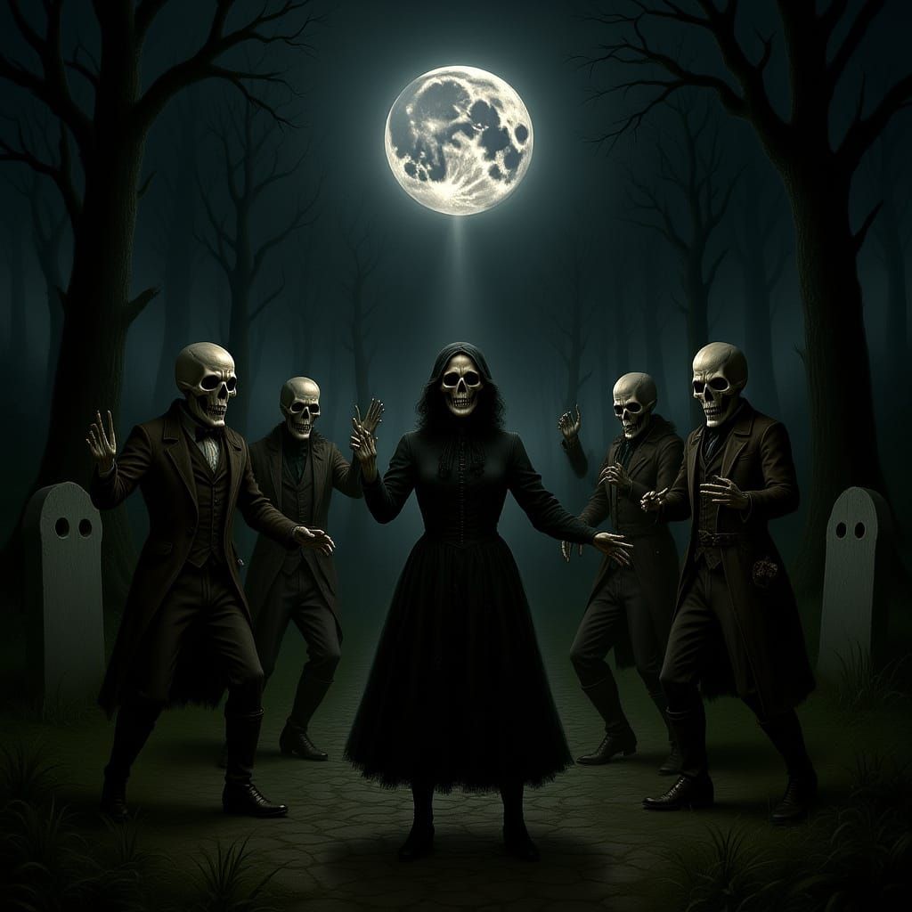 Dancing Skeletons Graveyard Scene in Dark Fantasy Style