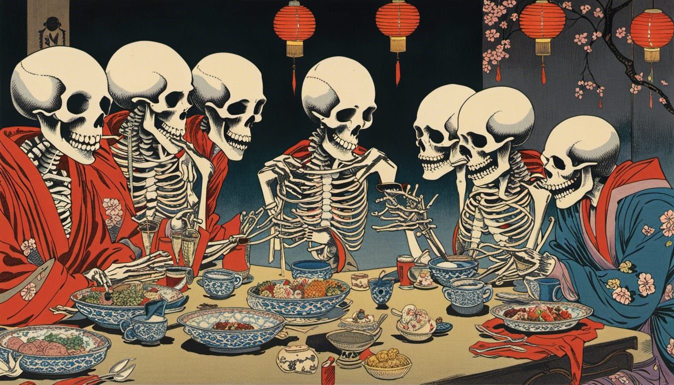 Laughing Skeletons at Dinner Table in Ukiyo-e Style
