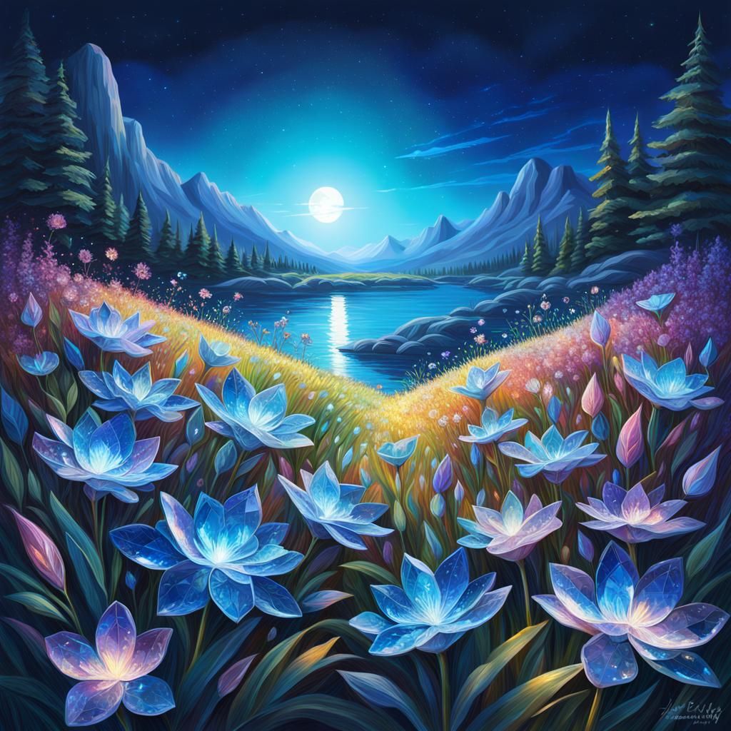 Iidescent Crystal Flowers under Sapphire Moon: Hyperrealisti...