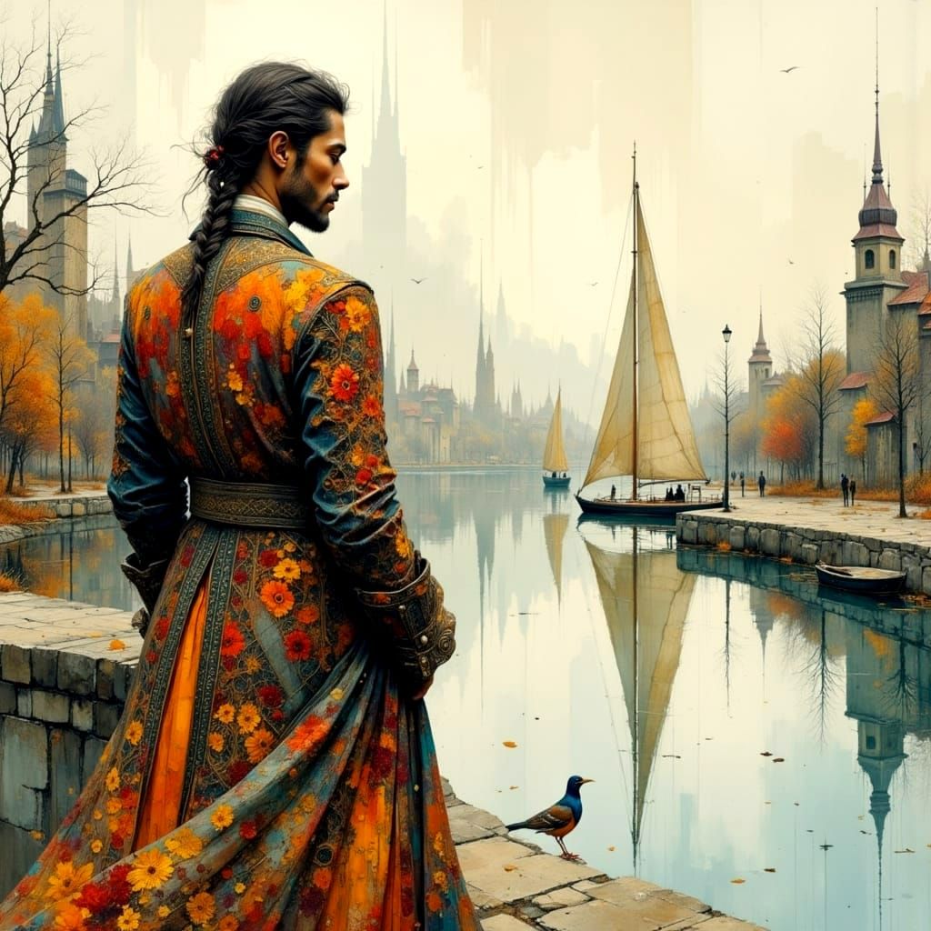 Man with Cityscape Coat Gazing at Lake, Abstract Painting