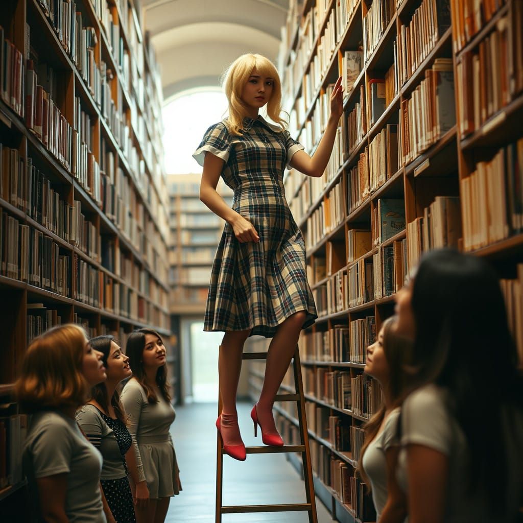 Androgynous Youth in Plaid Dress, Surrounded by Literature