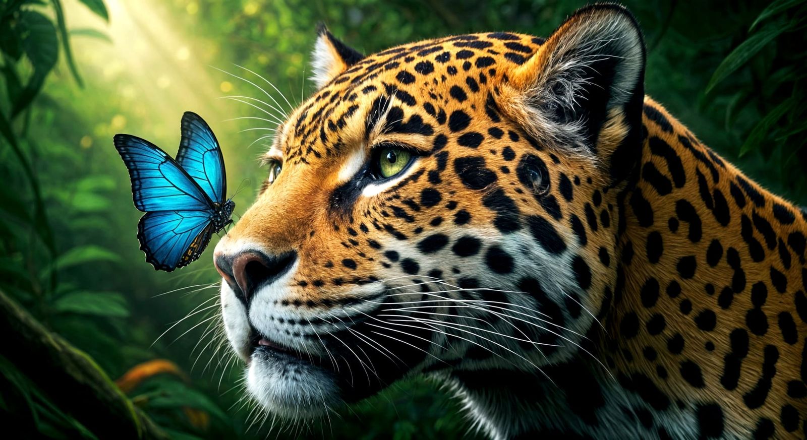 Magnificent Jaguar Stares Down Iridescent Butterfly in Dazzl...