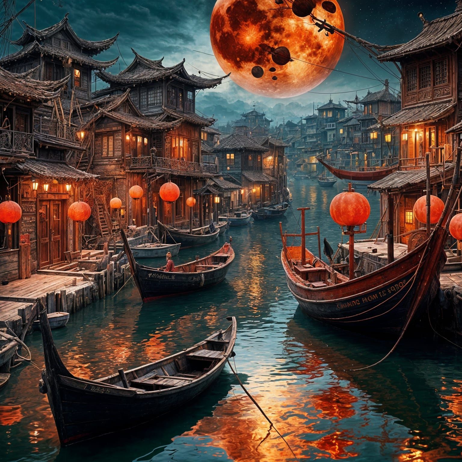 Vaporwave Blood Moon Over Oriental Fishing Village