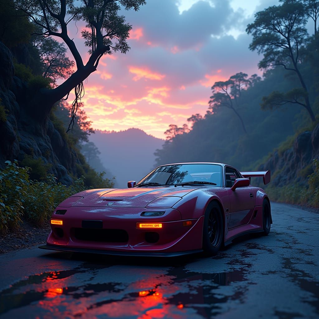 RX-7 Races Through Dreamlike Fantasy Landscape