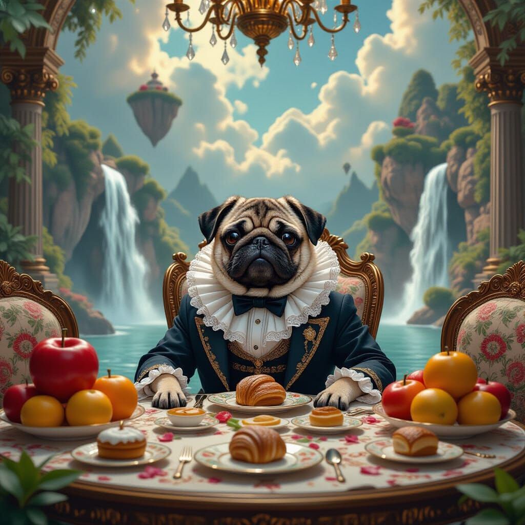 Victorian Pug with Fruit in Surreal Landscape