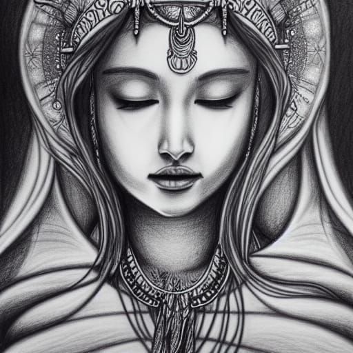 Hyperdetailed Charcoal Drawing of Winter Goddess