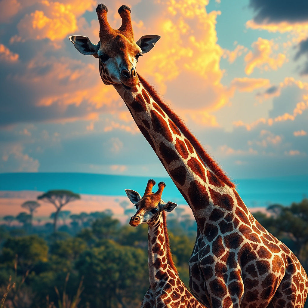 Giraffe and Baby in Dreamlike Savannah, Matte Painting