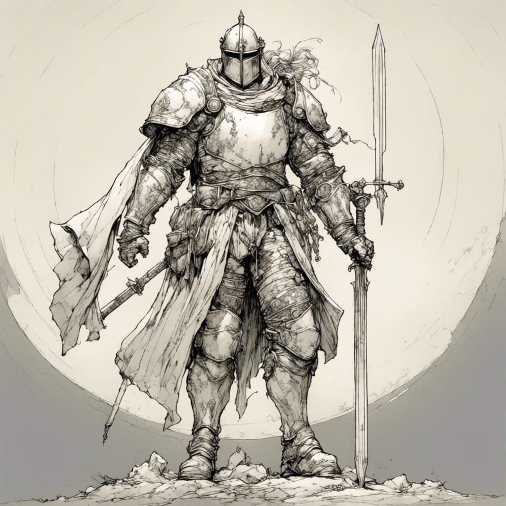 Medieval Fighter with Practice Sword Line Drawing