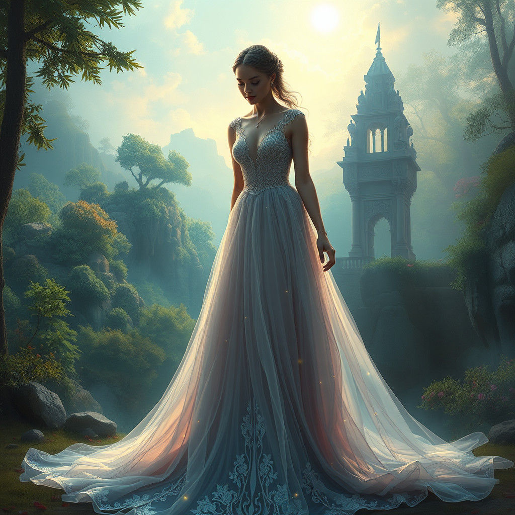 Ethereal Gown in Mystical Forest, Digital Matte Painting