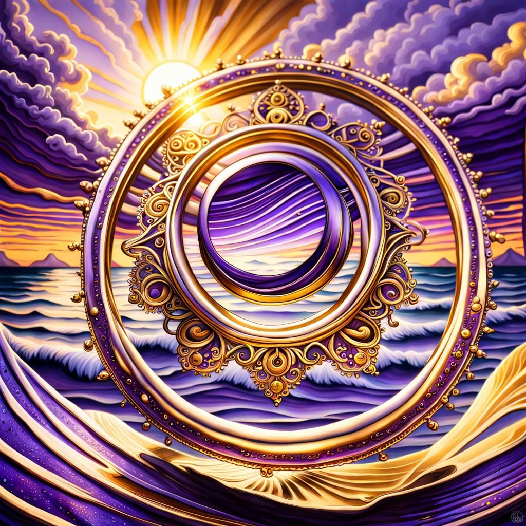 Ornate Golden Rings Above Purple Sea, Airbrush Art