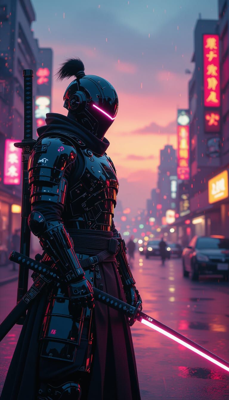Cyberpunk Samurai with Neon Katana in Futuristic Cityscape
