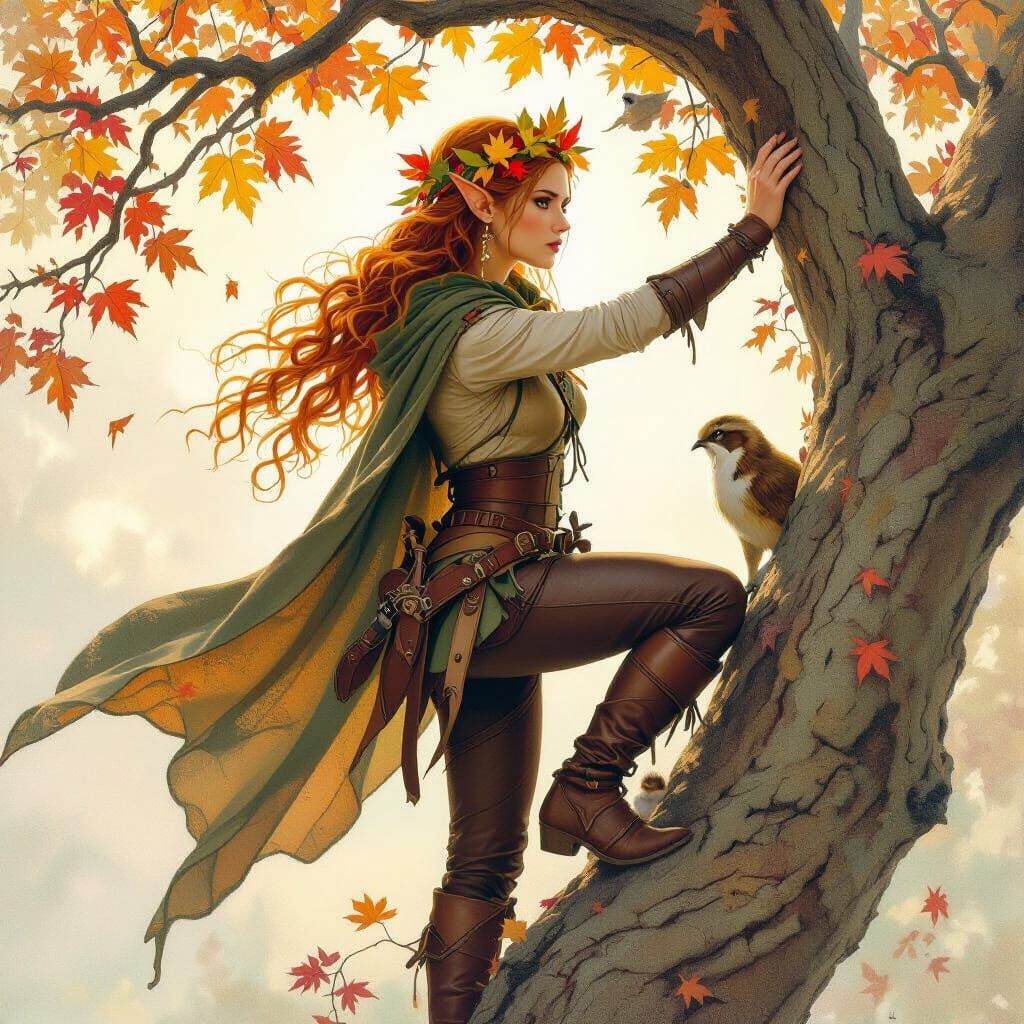 Elf Druid Climbing Tree in Autumn Glory
