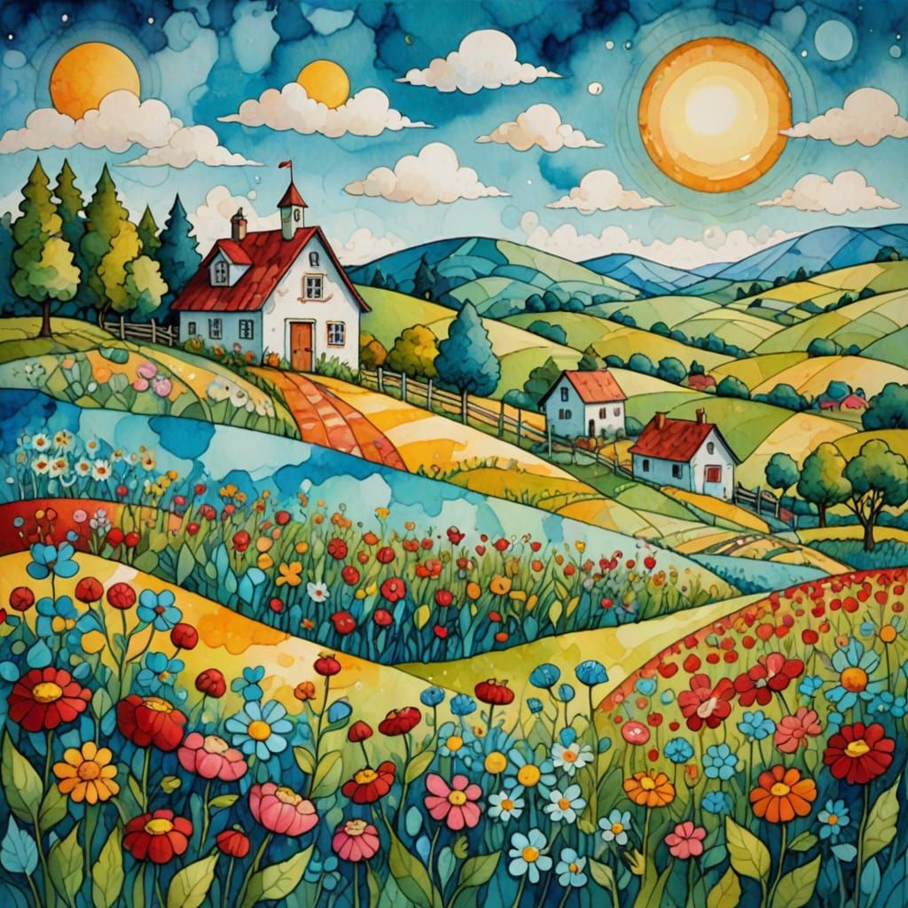 Whimsical Farmhouse Landscape in Alcohol Ink Style