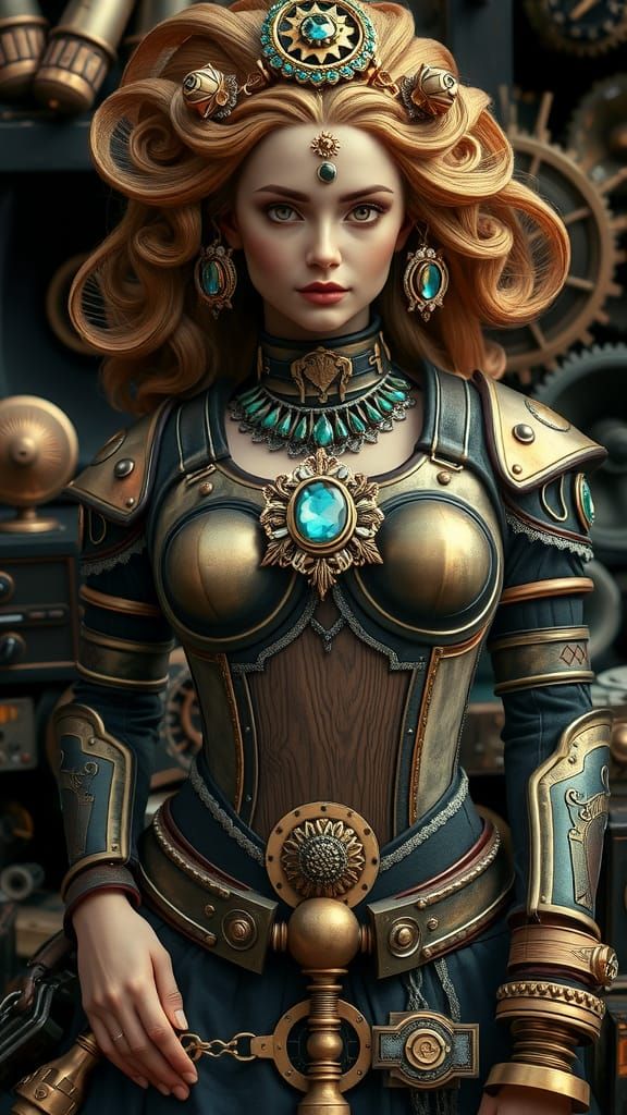 Steampunk Goddess Protecting Chest Amidst Cassettes