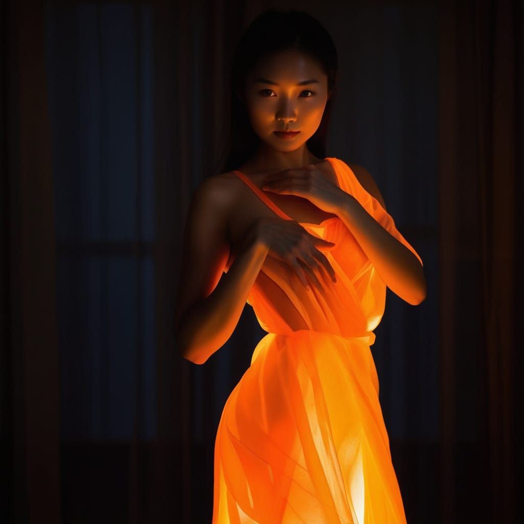 Asian Woman's Orange Torso Glow in Dark Room