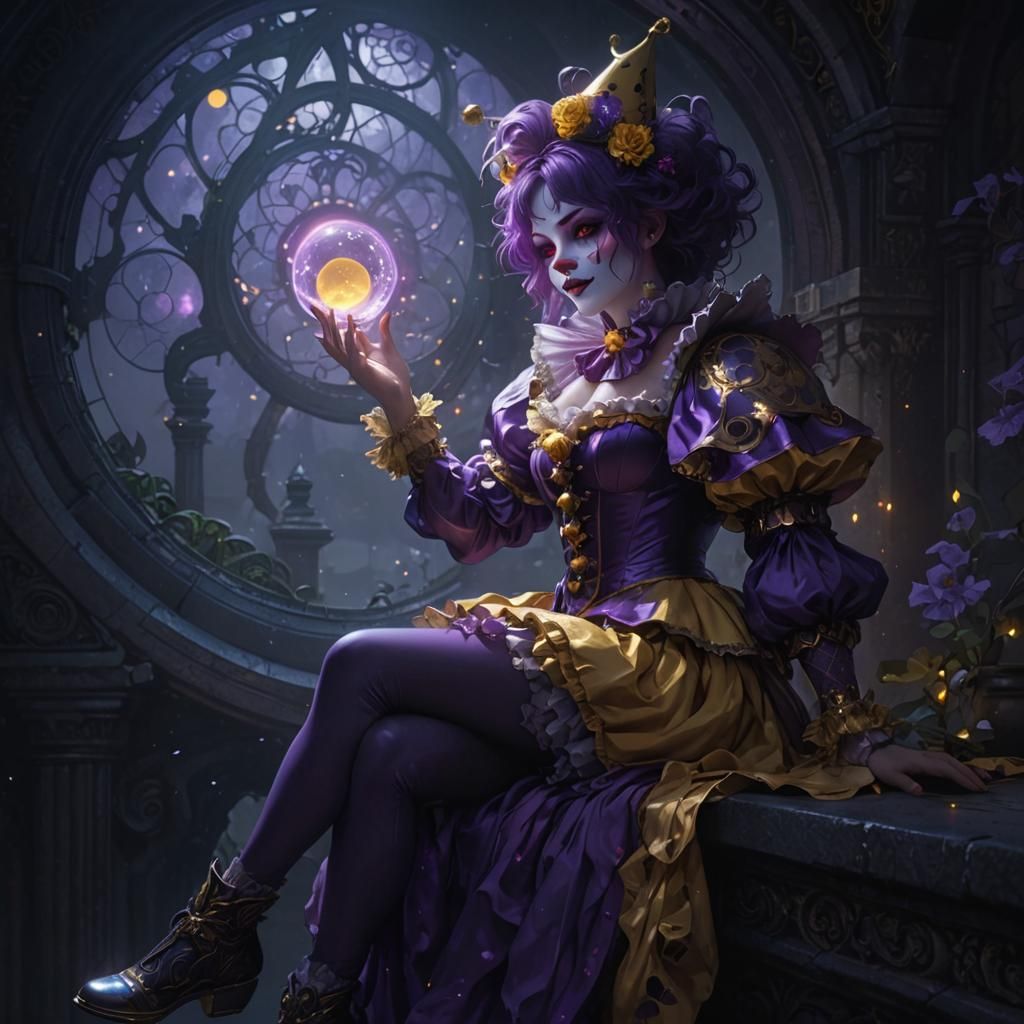 Dark Fantasy Anime Artwork: Vibrant Clown Girl in a Mystic R...