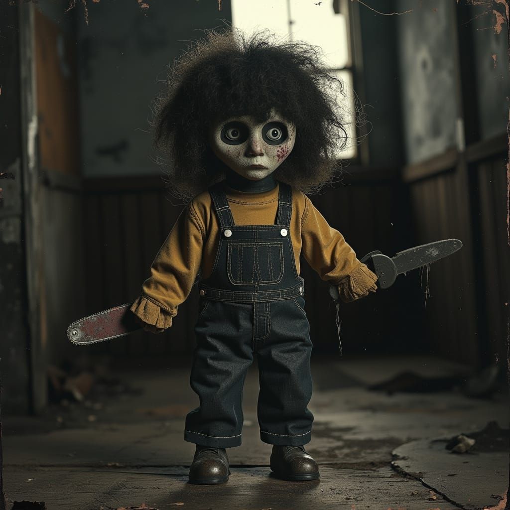 Creepy Horror Doll With Leather Mask and Chainsaw