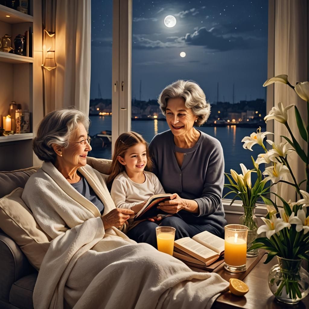 Cozy Night: Grandmother and Niece Reading by Moonlight